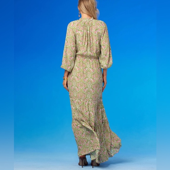 NICOBLU MACKENZIE RUFFLE DRAWSTRING MAXI DRESS IN DELICATE FERNS boho pockets - Picture 2 of 6